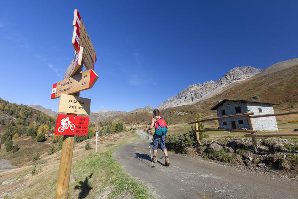 Trekker and hiking signage of Stelvio National Park, Val Vezzola, Valdidentro, Valtellina, Sondrio province, Lombardy, Italy