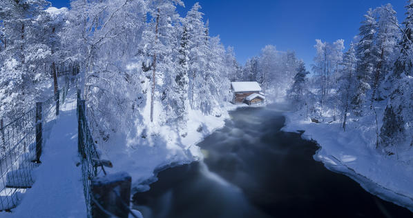 Panoramic of Myllykoski rapids and old mill Juuma, Oulanka National Park, Kuusamo, Lapland, Finland