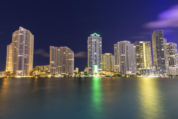 Night skyline of Downtown Miami from Brickell Key, Miami, Florida, USA, North America
