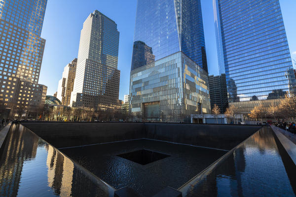 North Pool memorial fountain, Ground Zero, One World Trade Center, Lower Manhattan, New York City, USA