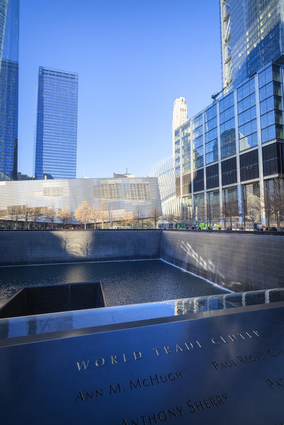 South Pool memorial fountain, Ground Zero, One World Trade Center, Lower Manhattan, New York City, USA