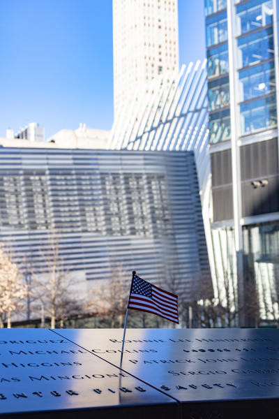 Engraved names on memorial plaque, One World Trade Center, Lower Manhattan, New York City, USA