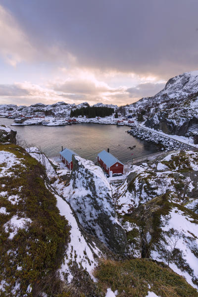 Elevated view of fishing village and sea, Nusfjord, Lofoten Islands, Norway