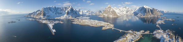 Aerial panoramic view of sea and mountains, Reine Bay, Lofoten Islands, Norway
