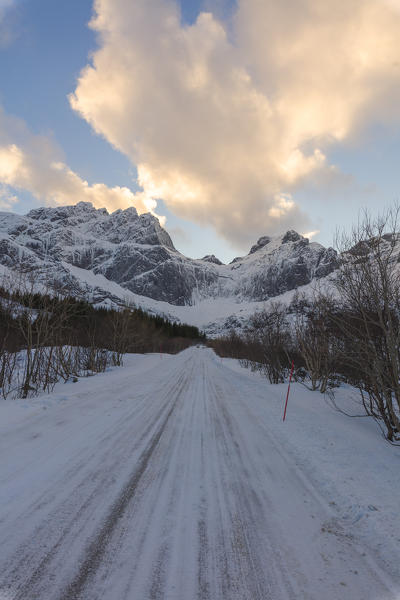 Snow and ice on the road to Nusfjord, Lofoten Islands, Norway