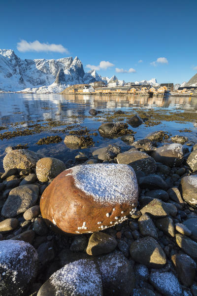 Ice on rocks by the sea, Sakrisoy, Lofoten Islands, Norway