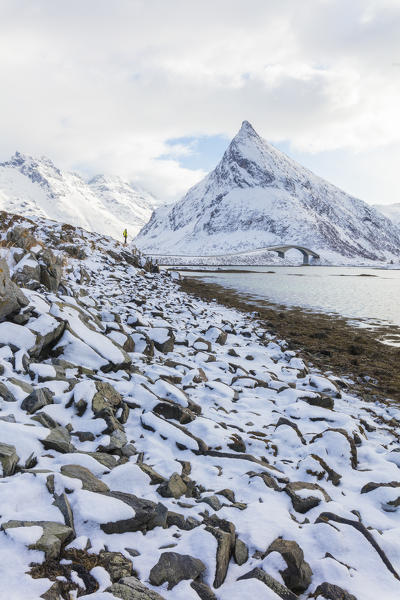 The snowy peak of Volanstinden seen from Fredvang, Lofoten Islands, Norway