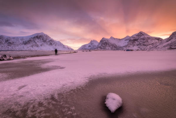 Skagsanden beach at sunrise, Flakstad municipality, Lofoten Islands, Norway