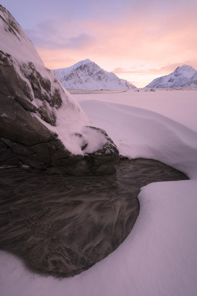 Skagsanden beach at sunrise, Flakstad municipality, Lofoten Islands, Norway