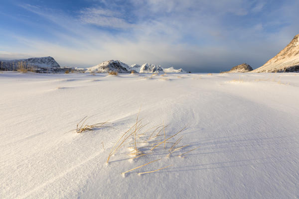 Haukland Beach covered with snow, Leknes, Vestvagoy, Lofoten Islands, Norway