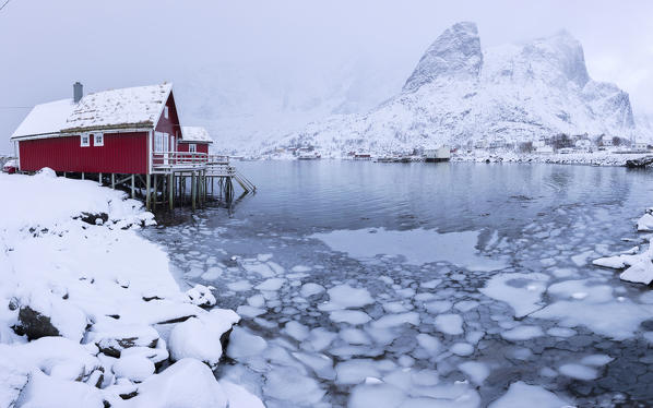 Panoramic of traditional wood cabin on the icy sea, Reine Bay, Lofoten Islands, Norway
