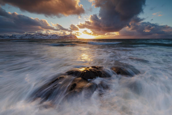 Sunset on the rough sea, Vikten, Flakstad municipality, Lofoten Islands, Norway