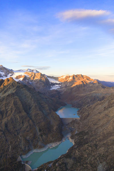 Aerial view of dam of Campomoro and Alpe Gera, Valmalenco, Valtellina, Lombardy, province of Sondrio, Italy