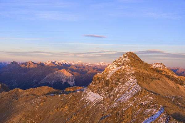 Aerial view of Pizzo Scalino at sunset, Valmalenco, Valtellina, Lombardy, province of Sondrio, Italy