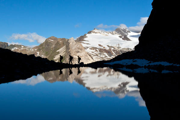 Hikers in silhouette boarding a glacial lake close to the Marinelli hut. In the background the glacier Scerscen - Valmalenco, Valtellina, Sondrio, Lombardy, Italy Europe