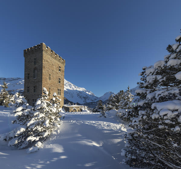 Panoramic of Belvedere Tower surrounded by snow, Maloja Pass, Bregaglia Valley, canton of Graubunden, Engadin, Switzerland