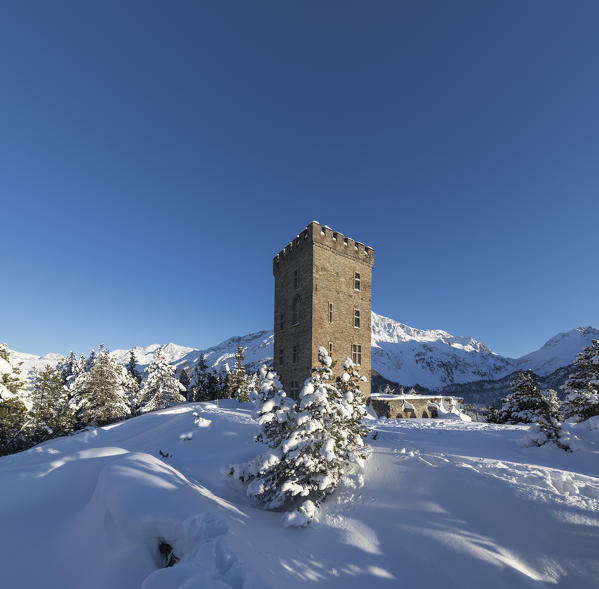 Panoramic of Belvedere Tower surrounded by snow, Maloja Pass, Bregaglia Valley, canton of Graubunden, Engadin, Switzerland