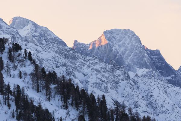 Pizzo Badile at sunrise, Maloja, Bregaglia Valley, canton of Graubunden, Engadin, Switzerland