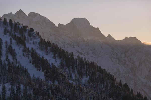 Mist at sunset on Pizzo Badile, Maloja, Bregaglia Valley, canton of Graubunden, Engadin, Switzerland