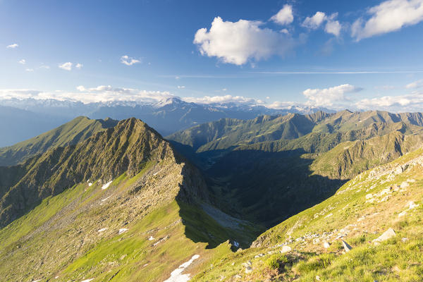 Rocky peaks of Monte Disgrazia and Monte Pedena seen from Monte Azzarini, Albaredo Valley, Orobie Alps, Lombardy, Italy