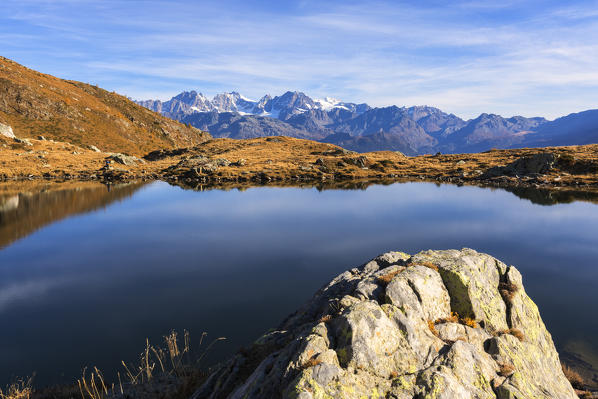 Overview of Bernina Group from Lago Arcoglio during autumn, Valmalenco, Valtellina, Lombardy, Italy