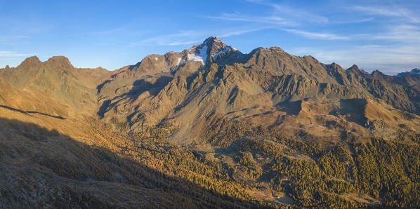 Aerial panoramic of Monte Disgrazia and Corni Bruciati from Sasso Bianco in autumn, Valmalenco, Valtellina, Lombardy, Italy