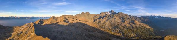 Aerial panoramic of Monte Disgrazia and Corni Bruciati from Sasso Bianco in autumn, Valmalenco, Valtellina, Lombardy, Italy