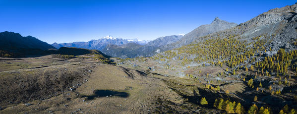 Panoramic aerial view of Lakes of Campagneda and Monte Disgrazia, Valmalenco, Valtellina, Sondrio province, Lombardy, Italy