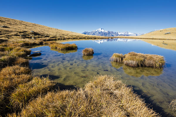 Lakes of Campagneda and Monte Disgrazia during fall season, Valmalenco, Valtellina, Sondrio province, Lombardy, Italy