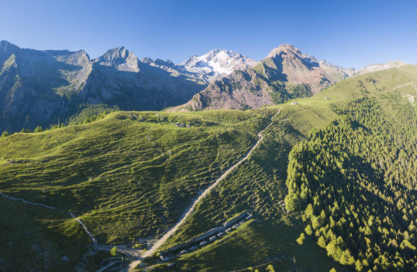 Panoramic aerial view of Scermendone Alp and Monte Disgrazia, Sondrio province, Valtellina, Rhaetian Alps, Lombardy, Italy