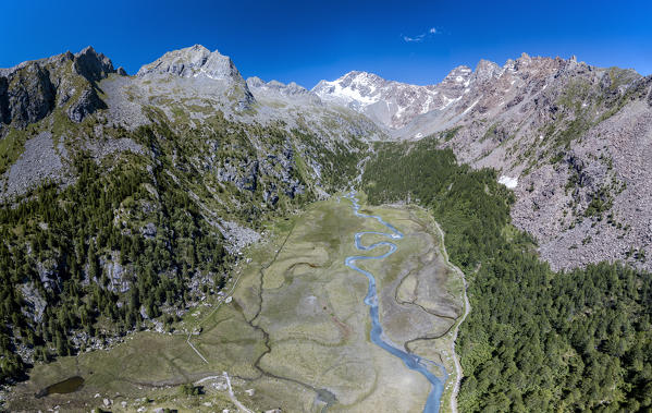 Aerial panoramic of Monte Disgrazia and Corni Bruciati, Preda Rossa, Valmasino, Valtellina, Lombardy, Italy