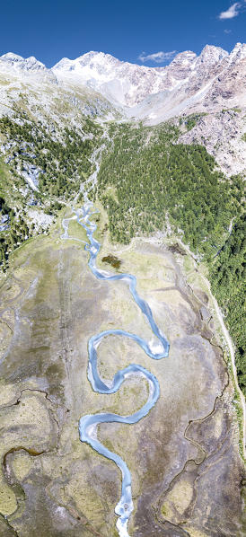 Aerial panoramic of creek at foot of Monte Disgrazia and Corni Bruciati, Preda Rossa, Valmasino, Valtellina, Lombardy, Italy