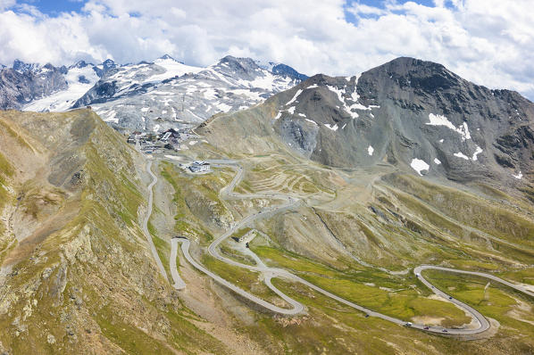 Aerial panoramic of winding road of Stelvio Pass, Braulio Valley, Valtellina, Lombardy, Italy