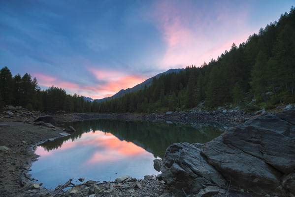Lago Azzurro at sunrise, Spluga Valley, Sondrio province, Valtellina, Lombardy, Italy