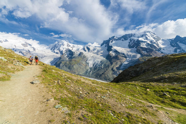 Hikers on path with Monte Rosa massif on background, Gornergrat, Zermatt, canton of Valais, Switzerland