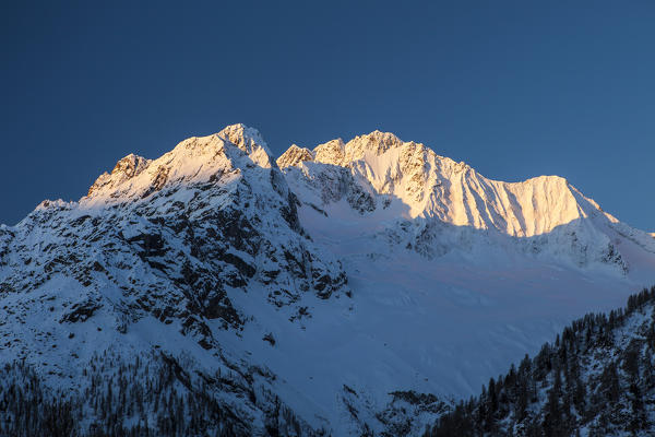 Sunrise on the snowy north face of Monte Disgrazia, Alpe dell'Oro, Valmalenco, Valtellina, Sondrio province, Lombardy, Italy