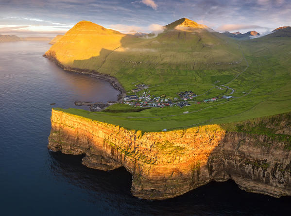 Panoramic aerial view of the coastal village of Gjogv, Eysturoy island, Faroe Islands, Denmark
