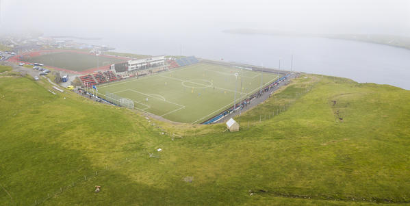 Panoramic of soccer field and Svangaskard Stadium, Toftir, Eysturoy island, Faroe Islands, Denmark