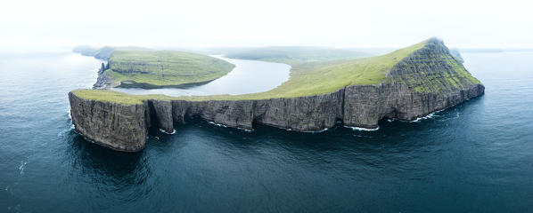 Lake Leitisvatn (Sorvagsvatn) on cliffs above the ocean, Vagar island, Faroe Islands, Denmark