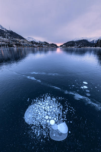 Ice bubbles, Lake St Moritz, canton of Graubunden, Engadine, Switzerland