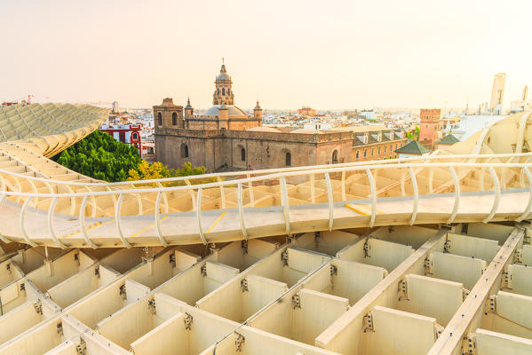 Church of the Annunciation (Iglesia de la Anunciacion) view from the observation platform and curve walkway in the upper level of the Metropol Parasol, known as Setas de Sevilla, Plaza de la Encarnacion, Seville, Andalusia, Spain