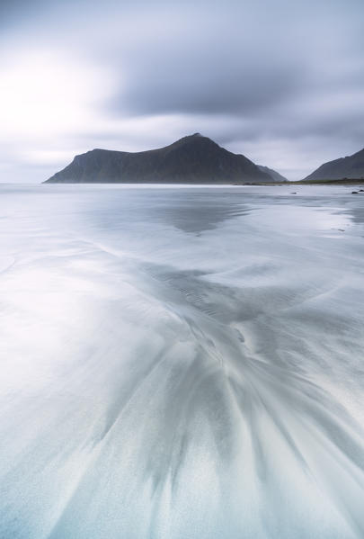 Sand awashed by waves, Skagsanden beach, Flakstad, Nordland county, Lofoten Islands, Norway