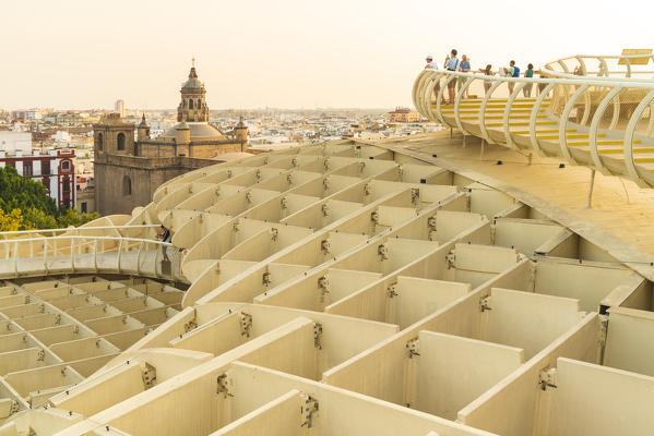 Church of the Annunciation from the curve walkway of the Metropol Parasol, Plaza de la Encarnacion, Seville, Andalusia, Spain