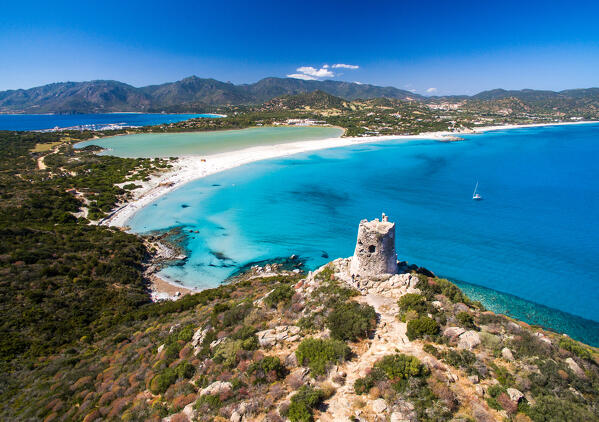 Tower of Porto Giunco beach, Villasimius, Cagliari province, Sardinia, Italy, Europe.