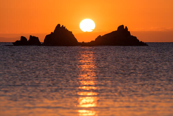 Sunset in Cala Sarraina, Trinità d'Agultu, Vignola, Sassari province, Sardinia, Italiy, Europe. 