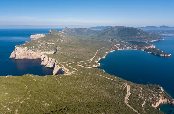 Arial view of Capo Caccia, Alghero, Sassari province, Sardinia, Italy, Europe.