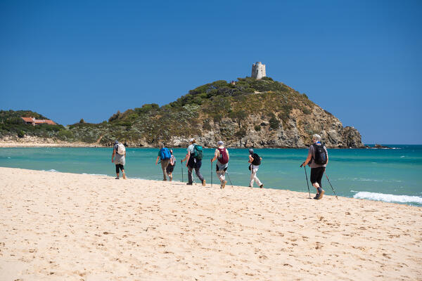 Trekking in Torre di Chia beach, Chia,Domus De Maria, Cagliari province, Sardinia, italy, europe.