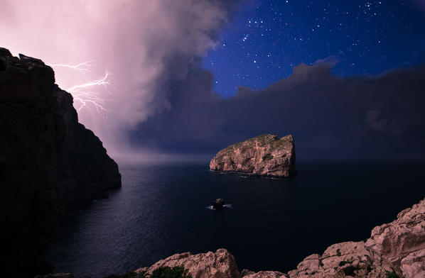 Lightnings on Foradada island, Capo Caccia, Alghero, Sassari province, sardinia, italy, europe.
