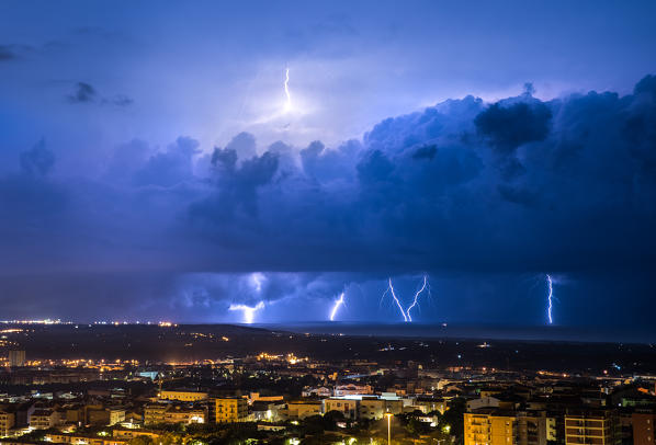 Lightning over the city of Sassari, Sardinia, Italy, Europe