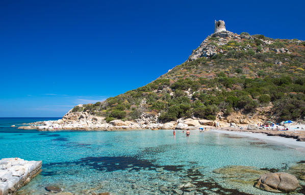 Tower of Porto Giunco beach, Villasimius, Cagliari province, Sardinia, Italy, Europe.